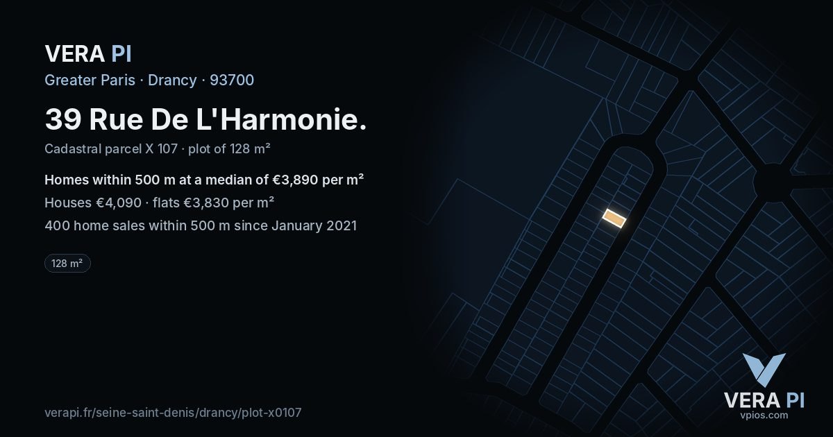 39 Rue De L'Harmonie, Drancy at night – the plot lit, the parcels around coloured by the prices near them