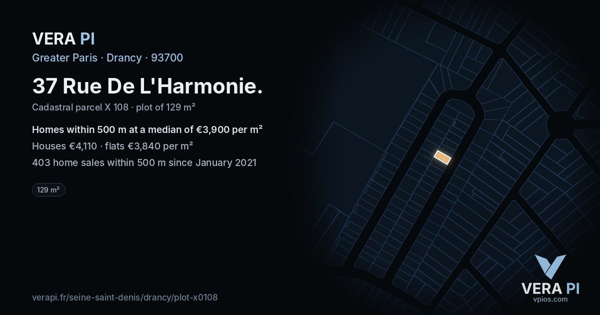 37 Rue De L'Harmonie, Drancy at night – the plot lit, the parcels around coloured by the prices near them