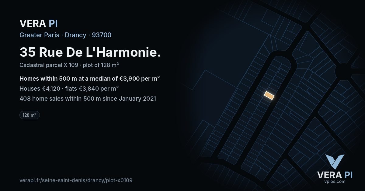 35 Rue De L'Harmonie, Drancy at night – the plot lit, the parcels around coloured by the prices near them