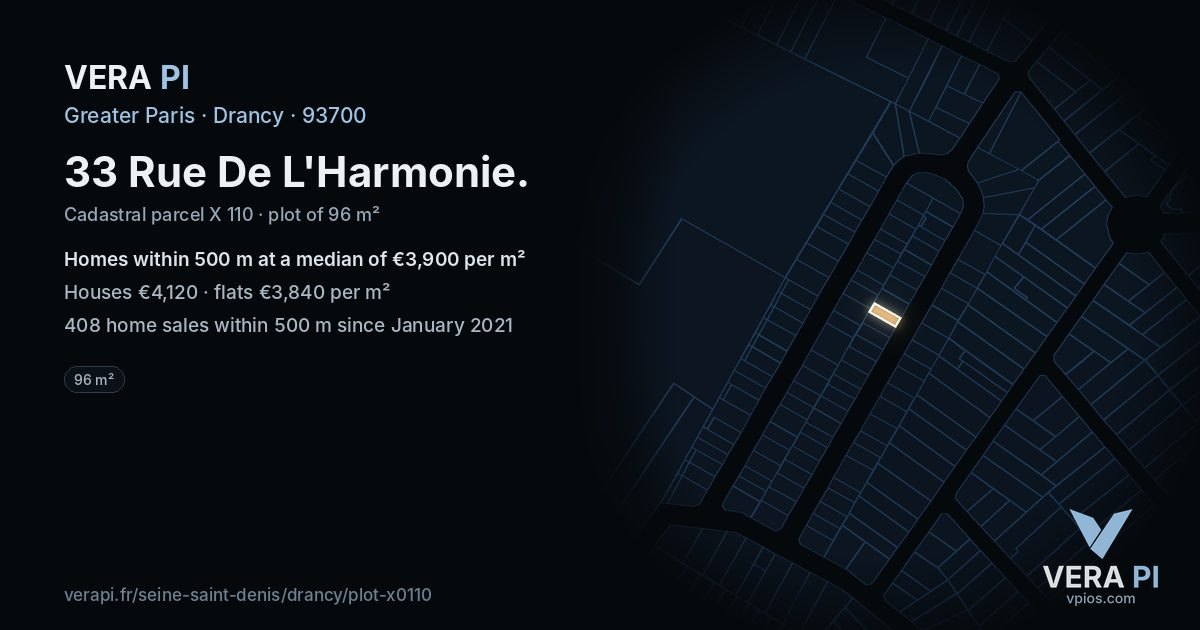 33 Rue De L'Harmonie, Drancy at night – the plot lit, the parcels around coloured by the prices near them