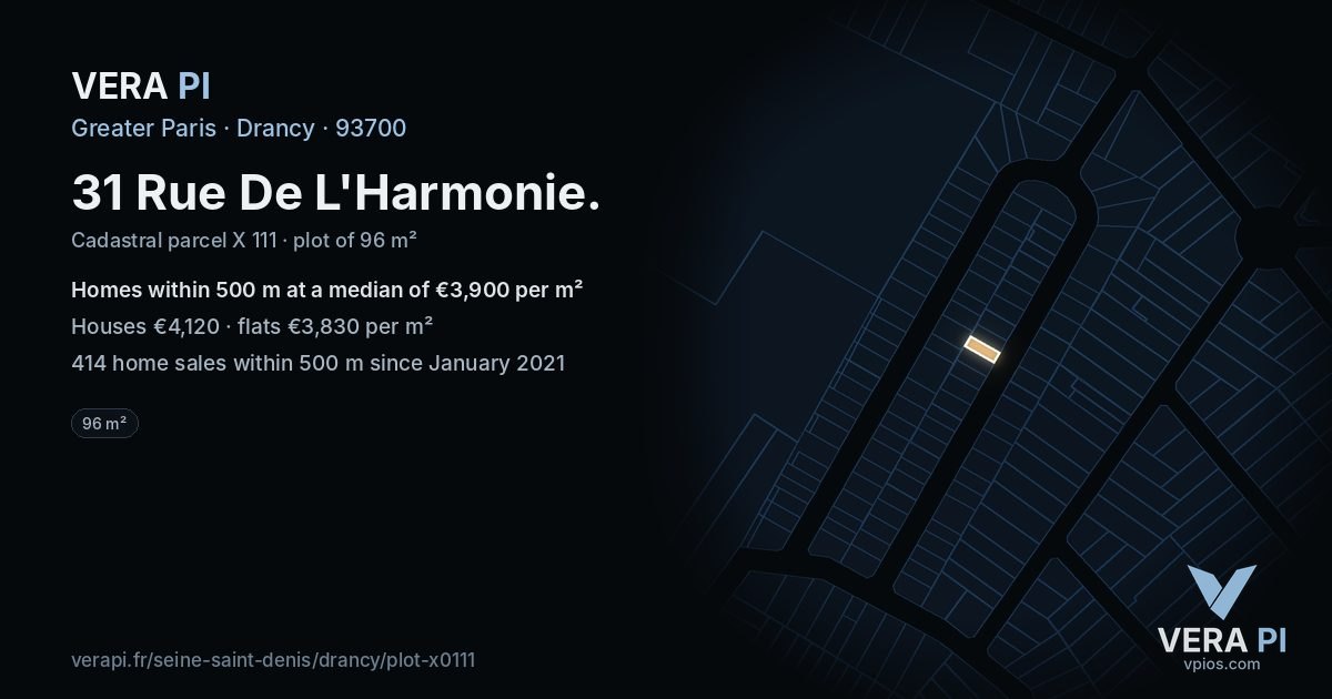31 Rue De L'Harmonie, Drancy at night – the plot lit, the parcels around coloured by the prices near them
