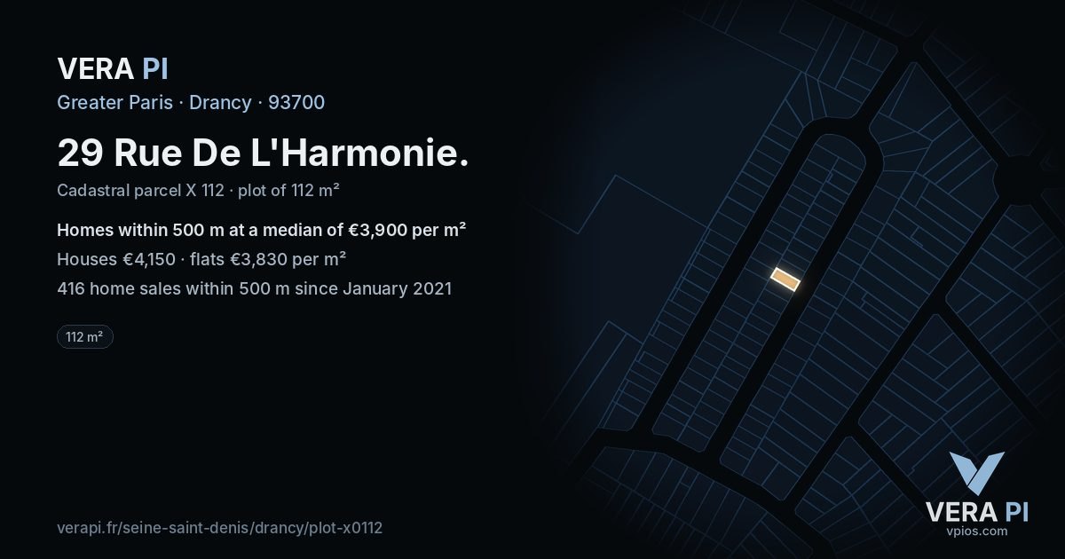 29 Rue De L'Harmonie, Drancy at night – the plot lit, the parcels around coloured by the prices near them