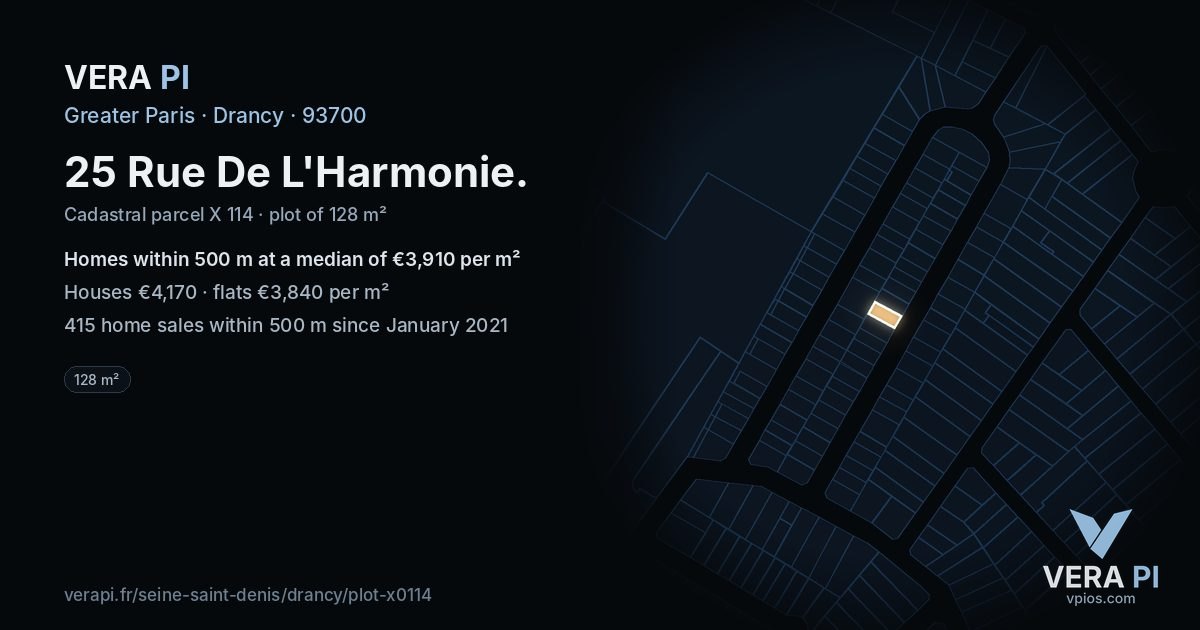 25 Rue De L'Harmonie, Drancy at night – the plot lit, the parcels around coloured by the prices near them