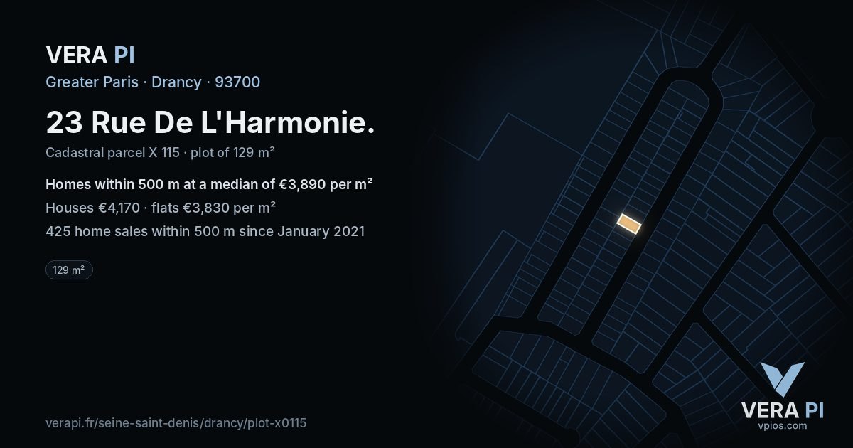 23 Rue De L'Harmonie, Drancy at night – the plot lit, the parcels around coloured by the prices near them