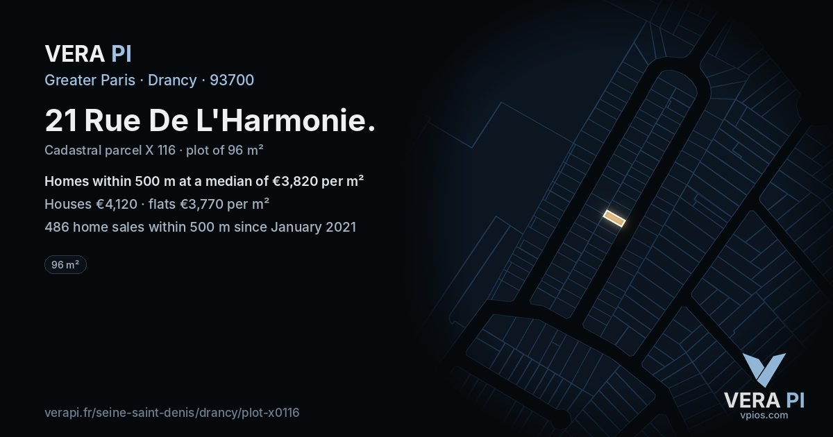 21 Rue De L'Harmonie, Drancy at night – the plot lit, the parcels around coloured by the prices near them