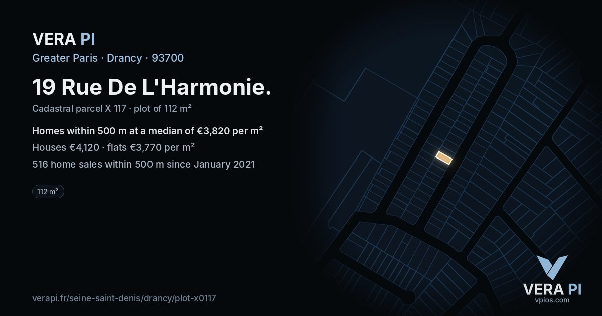 19 Rue De L'Harmonie, Drancy at night – the plot lit, the parcels around coloured by the prices near them