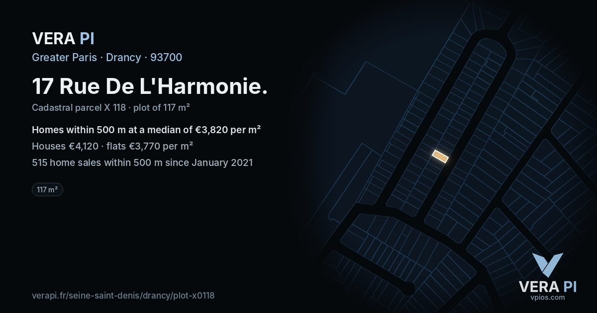 17 Rue De L'Harmonie, Drancy at night – the plot lit, the parcels around coloured by the prices near them