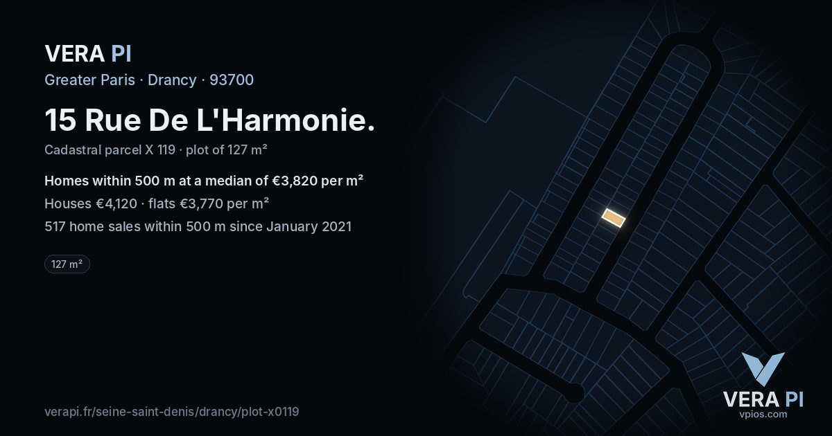15 Rue De L'Harmonie, Drancy at night – the plot lit, the parcels around coloured by the prices near them