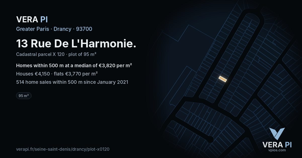 13 Rue De L'Harmonie, Drancy at night – the plot lit, the parcels around coloured by the prices near them