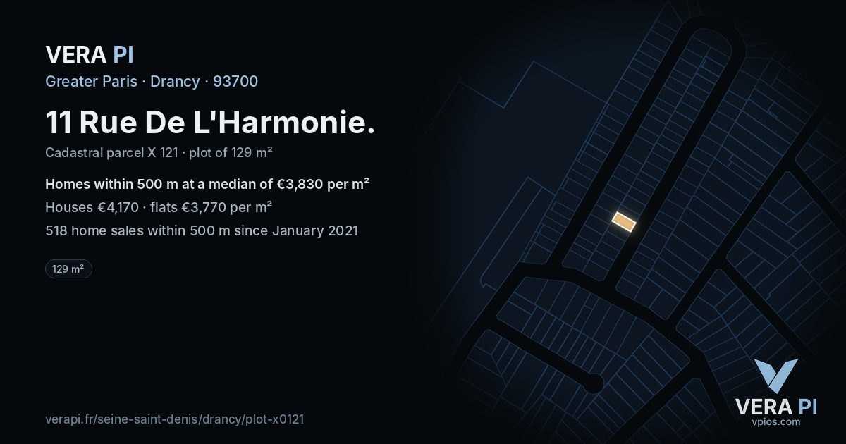 11 Rue De L'Harmonie, Drancy at night – the plot lit, the parcels around coloured by the prices near them
