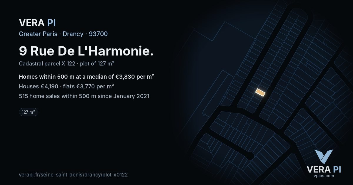 9 Rue De L'Harmonie, Drancy at night – the plot lit, the parcels around coloured by the prices near them