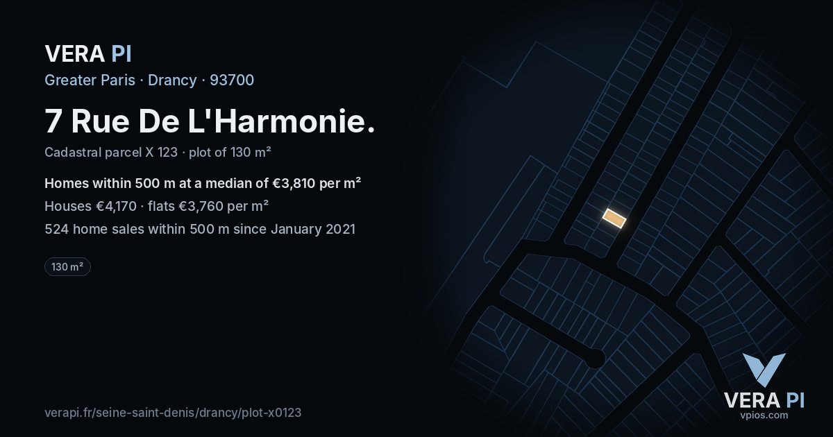7 Rue De L'Harmonie, Drancy at night – the plot lit, the parcels around coloured by the prices near them
