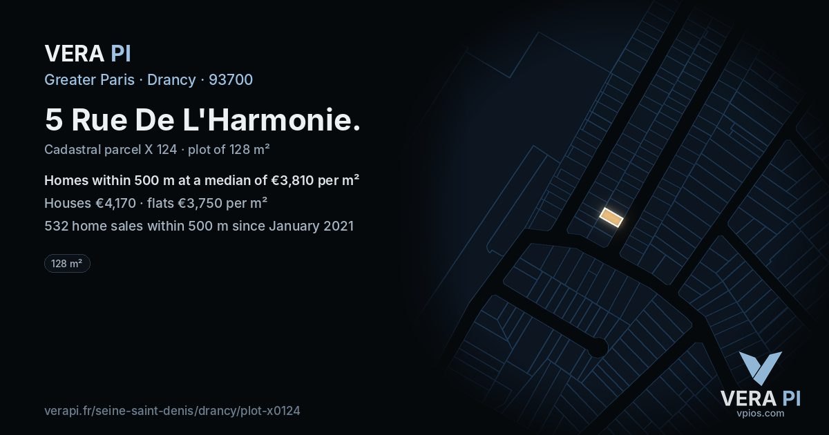 5 Rue De L'Harmonie, Drancy at night – the plot lit, the parcels around coloured by the prices near them
