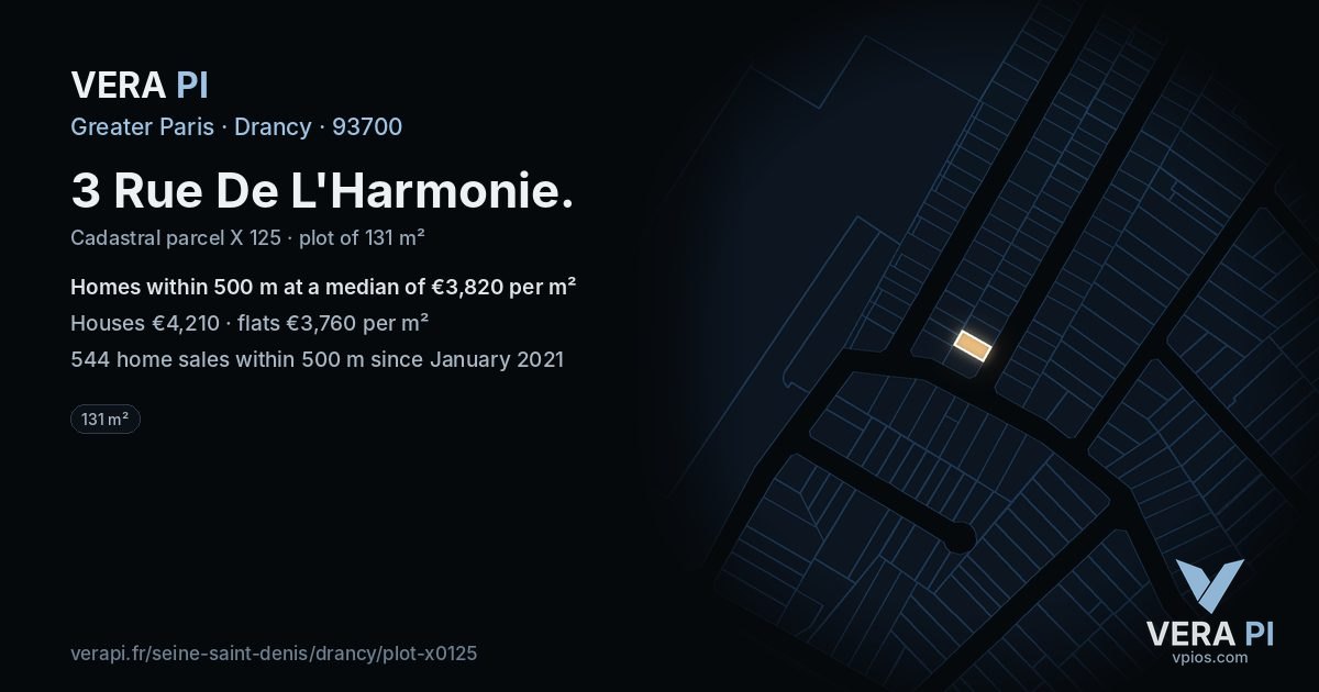 3 Rue De L'Harmonie, Drancy at night – the plot lit, the parcels around coloured by the prices near them