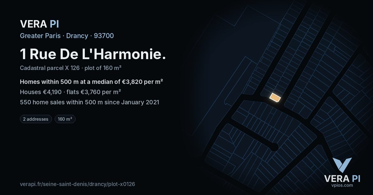 1 Rue De L'Harmonie, Drancy at night – the plot lit, the parcels around coloured by the prices near them