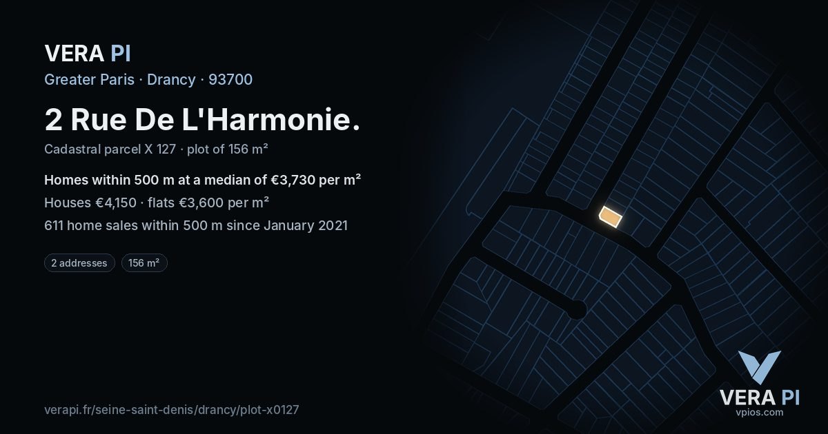 2 Rue De L'Harmonie, Drancy at night – the plot lit, the parcels around coloured by the prices near them