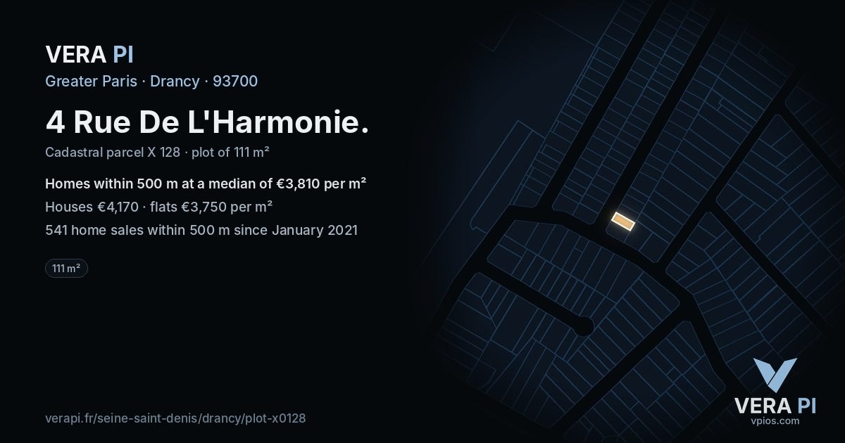 4 Rue De L'Harmonie, Drancy at night – the plot lit, the parcels around coloured by the prices near them