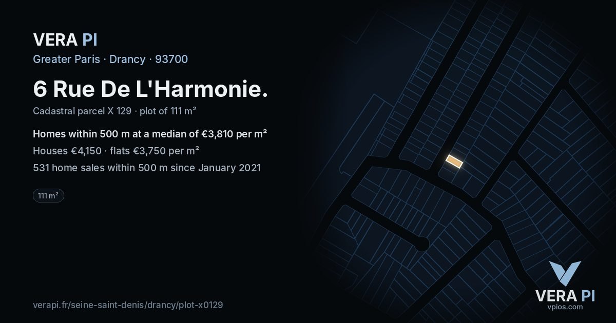 6 Rue De L'Harmonie, Drancy at night – the plot lit, the parcels around coloured by the prices near them