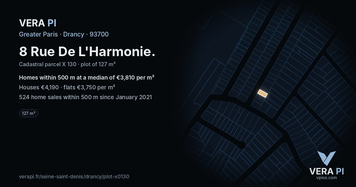 8 Rue De L'Harmonie, Drancy at night – the plot lit, the parcels around coloured by the prices near them
