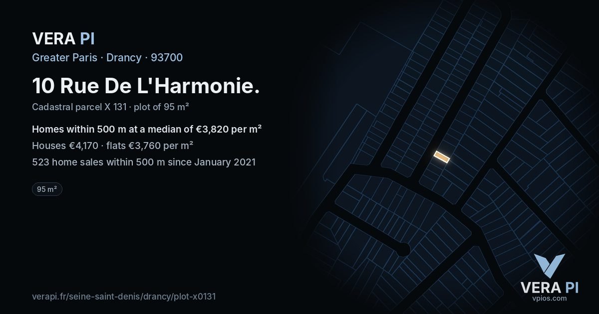 10 Rue De L'Harmonie, Drancy at night – the plot lit, the parcels around coloured by the prices near them