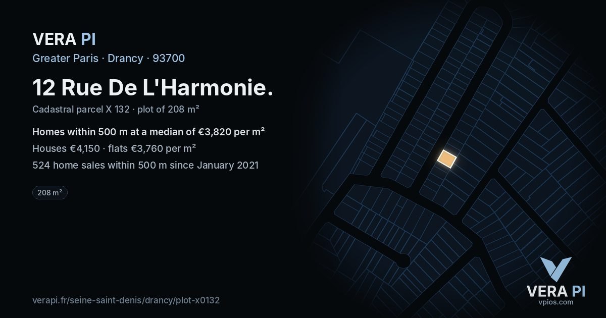 12 Rue De L'Harmonie, Drancy at night – the plot lit, the parcels around coloured by the prices near them