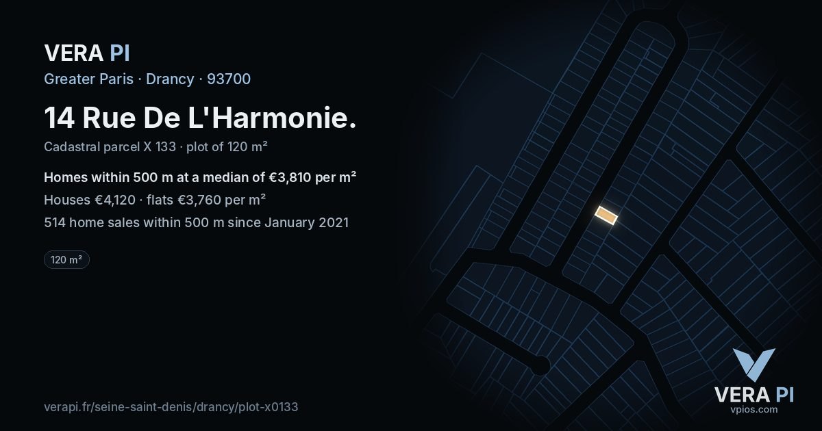 14 Rue De L'Harmonie, Drancy at night – the plot lit, the parcels around coloured by the prices near them