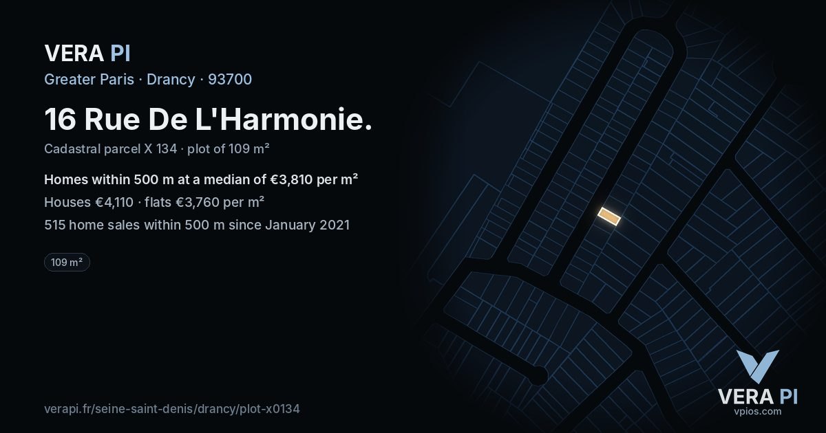 16 Rue De L'Harmonie, Drancy at night – the plot lit, the parcels around coloured by the prices near them