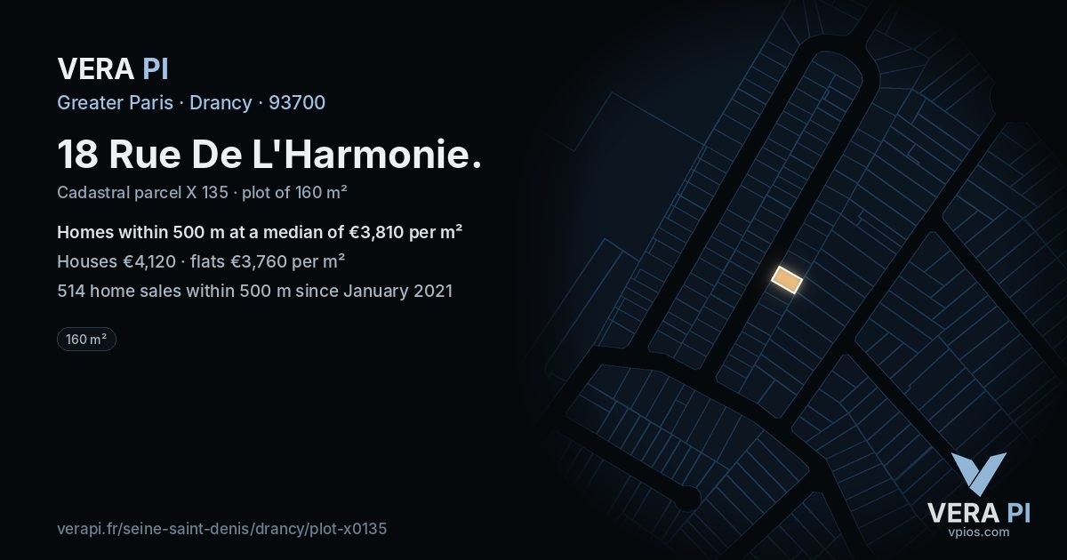 18 Rue De L'Harmonie, Drancy at night – the plot lit, the parcels around coloured by the prices near them