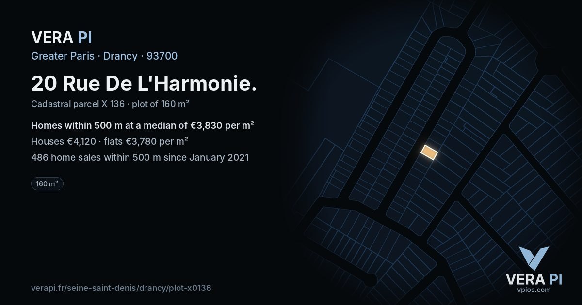20 Rue De L'Harmonie, Drancy at night – the plot lit, the parcels around coloured by the prices near them