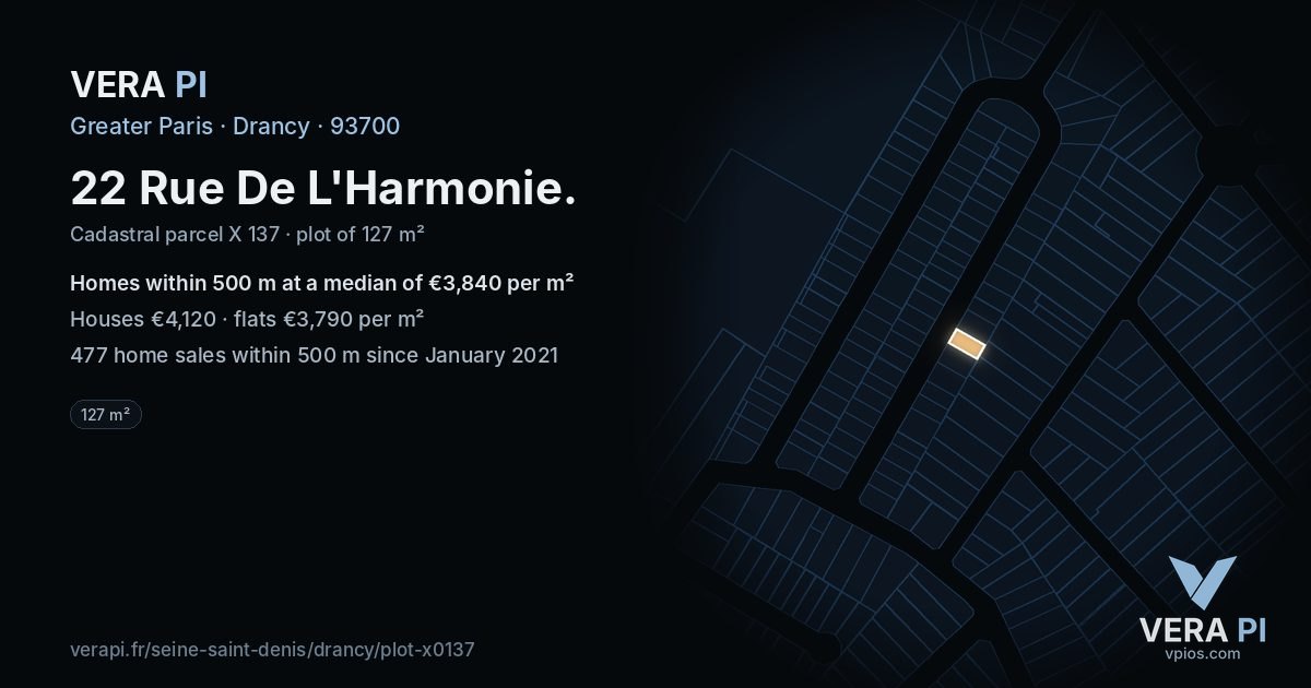 22 Rue De L'Harmonie, Drancy at night – the plot lit, the parcels around coloured by the prices near them