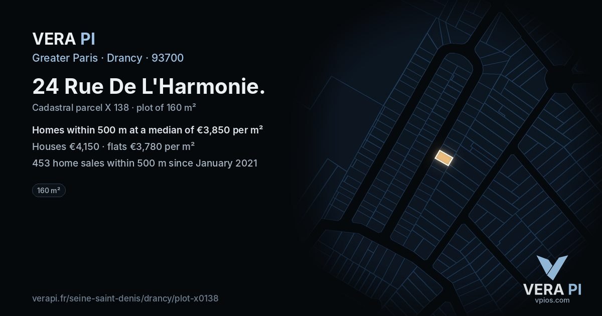 24 Rue De L'Harmonie, Drancy at night – the plot lit, the parcels around coloured by the prices near them