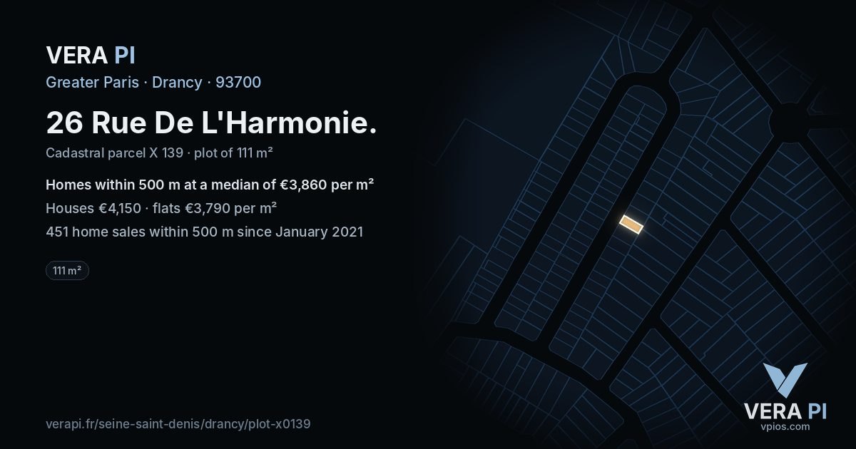 26 Rue De L'Harmonie, Drancy at night – the plot lit, the parcels around coloured by the prices near them