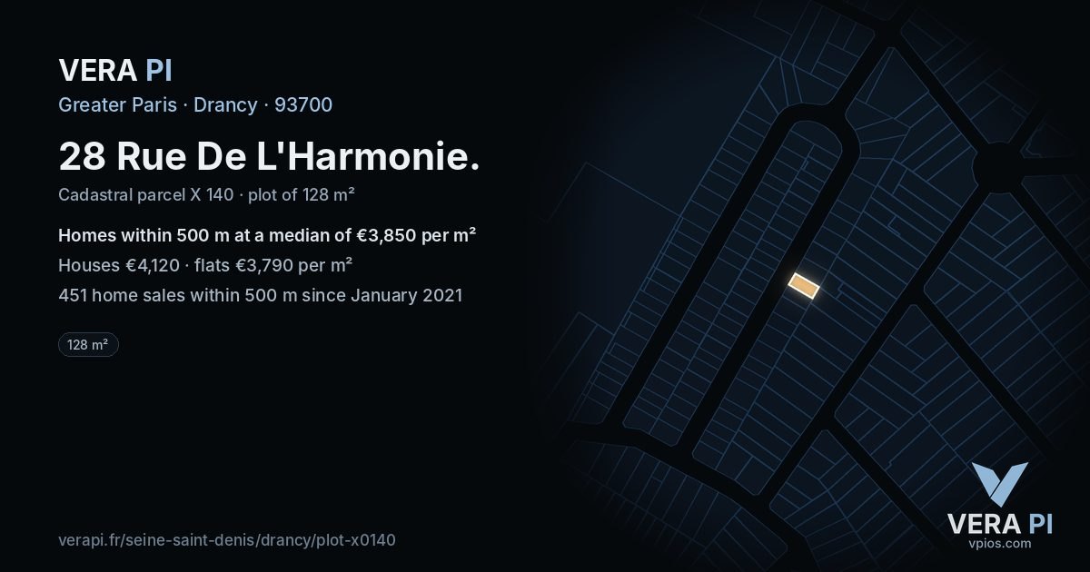28 Rue De L'Harmonie, Drancy at night – the plot lit, the parcels around coloured by the prices near them