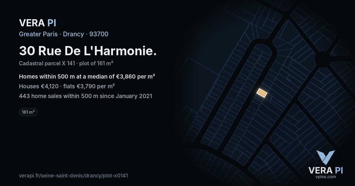 30 Rue De L'Harmonie, Drancy at night – the plot lit, the parcels around coloured by the prices near them