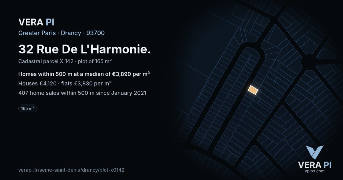 32 Rue De L'Harmonie, Drancy at night – the plot lit, the parcels around coloured by the prices near them