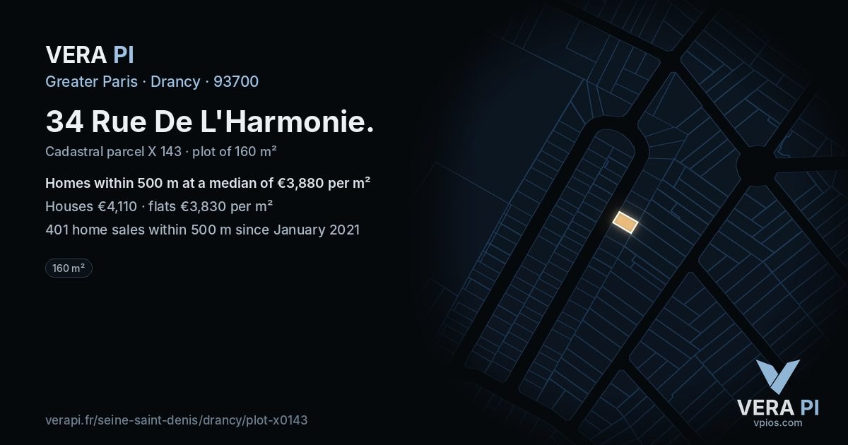 34 Rue De L'Harmonie, Drancy at night – the plot lit, the parcels around coloured by the prices near them