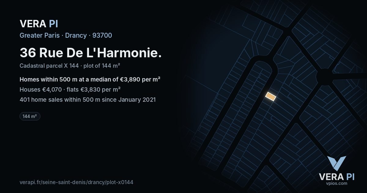 36 Rue De L'Harmonie, Drancy at night – the plot lit, the parcels around coloured by the prices near them