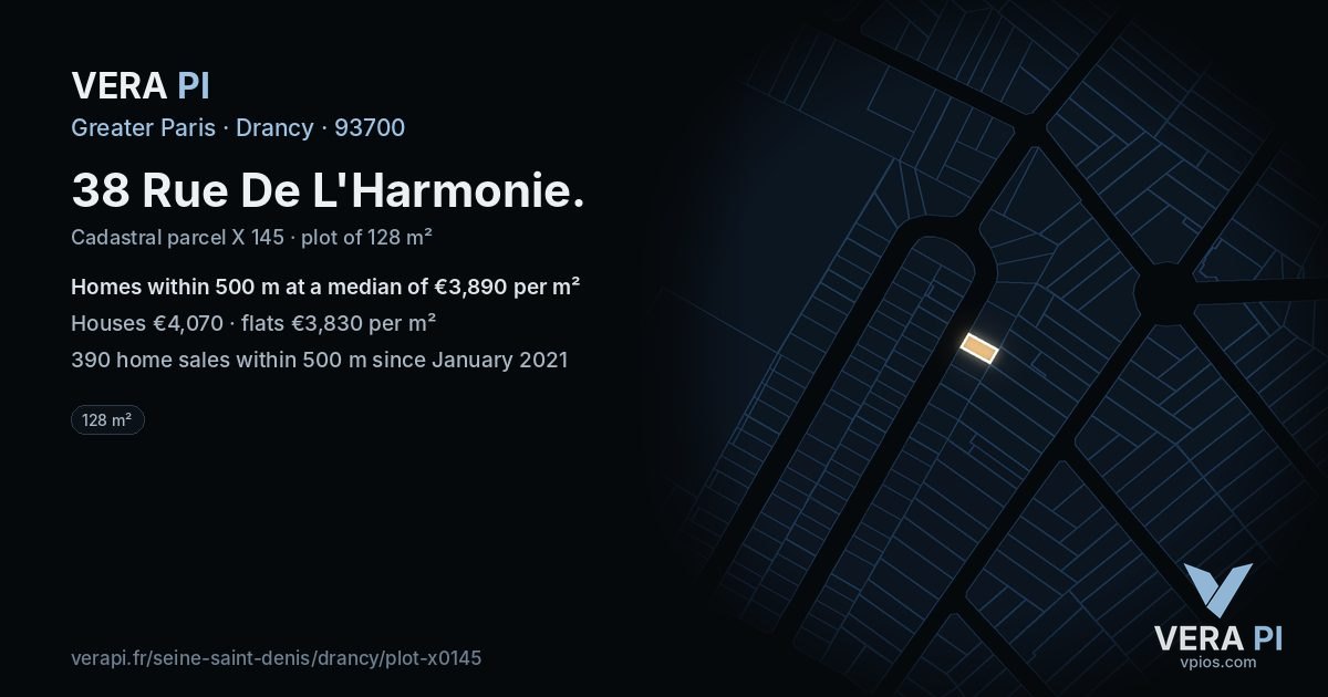 38 Rue De L'Harmonie, Drancy at night – the plot lit, the parcels around coloured by the prices near them