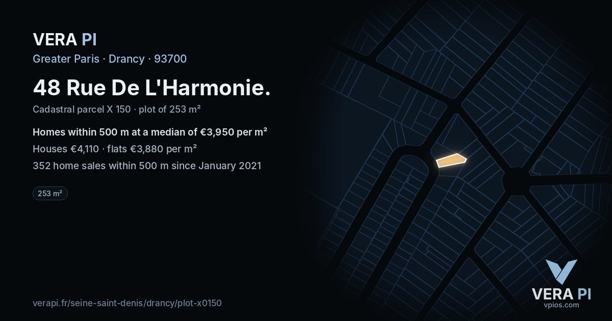 48 Rue De L'Harmonie, Drancy at night – the plot lit, the parcels around coloured by the prices near them