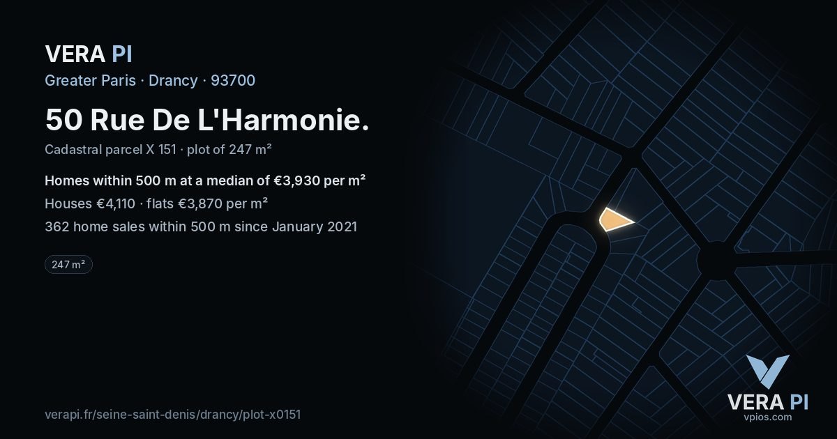 50 Rue De L'Harmonie, Drancy at night – the plot lit, the parcels around coloured by the prices near them