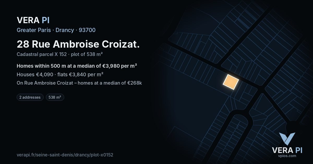 28 Rue Ambroise Croizat, Drancy at night – the plot lit, the parcels around coloured by the prices near them