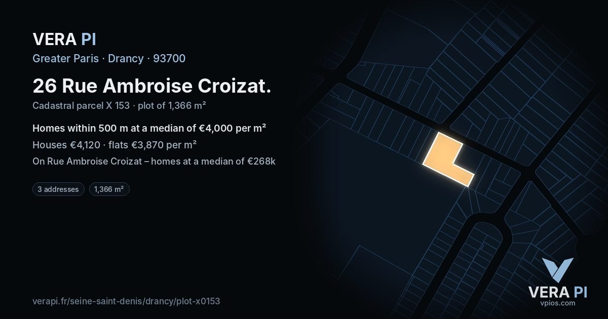 26 Rue Ambroise Croizat, Drancy at night – the plot lit, the parcels around coloured by the prices near them