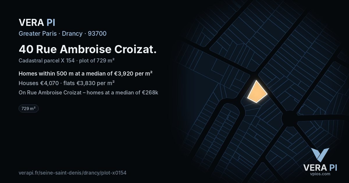 40 Rue Ambroise Croizat, Drancy at night – the plot lit, the parcels around coloured by the prices near them