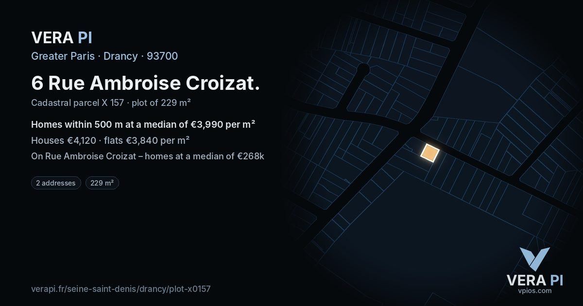 6 Rue Ambroise Croizat, Drancy at night – the plot lit, the parcels around coloured by the prices near them