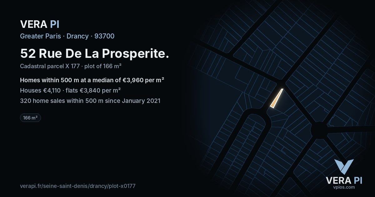 52 Rue De La Prosperite, Drancy at night – the plot lit, the parcels around coloured by the prices near them