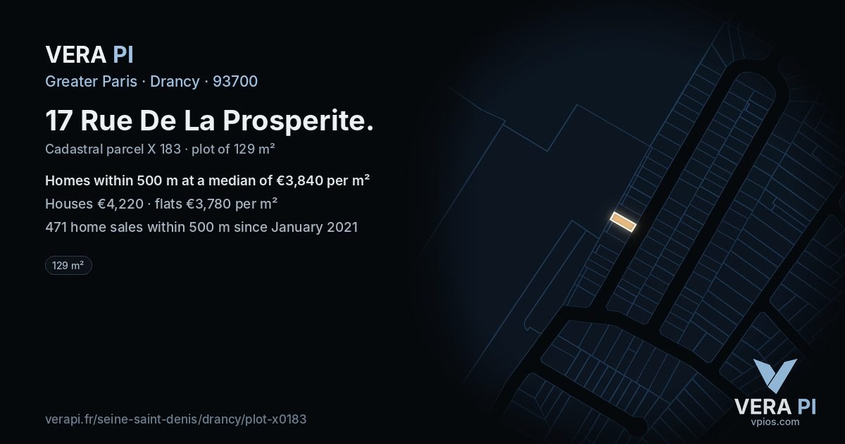 17 Rue De La Prosperite, Drancy at night – the plot lit, the parcels around coloured by the prices near them