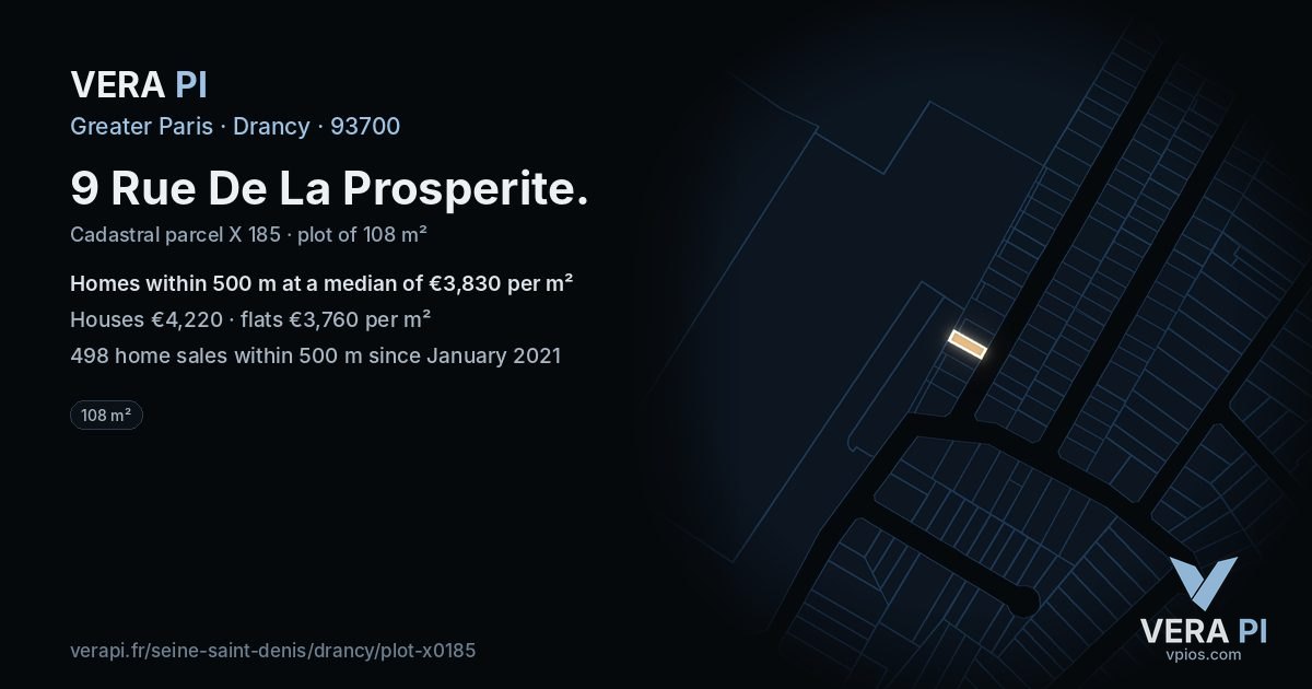 9 Rue De La Prosperite, Drancy at night – the plot lit, the parcels around coloured by the prices near them