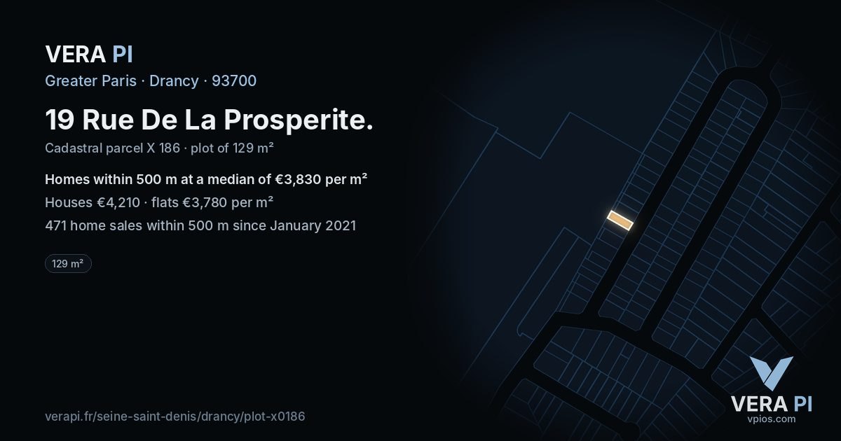 19 Rue De La Prosperite, Drancy at night – the plot lit, the parcels around coloured by the prices near them