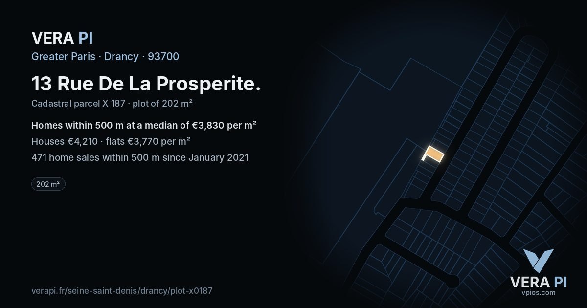 13 Rue De La Prosperite, Drancy at night – the plot lit, the parcels around coloured by the prices near them
