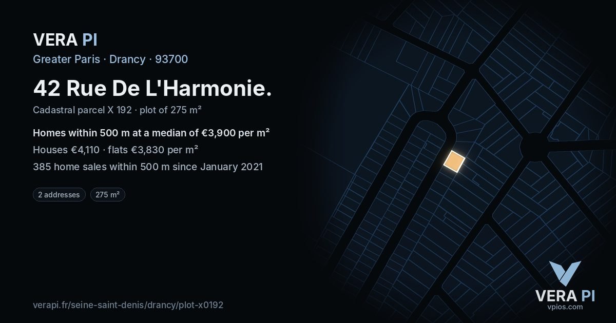 42 Rue De L'Harmonie, Drancy at night – the plot lit, the parcels around coloured by the prices near them